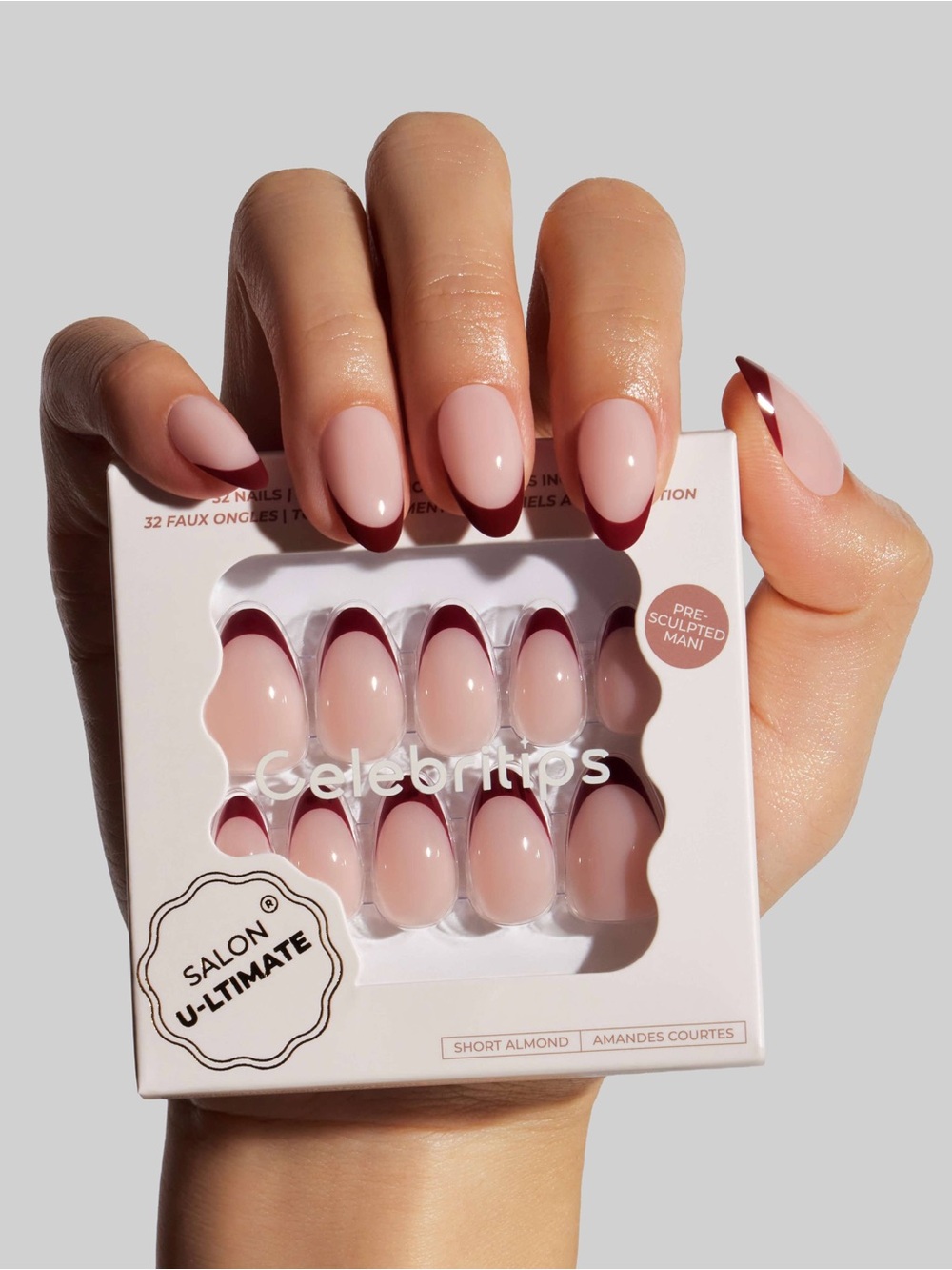 Celebritips French Rouge Burgundy French Tip Press On Nails Short Almond NIB